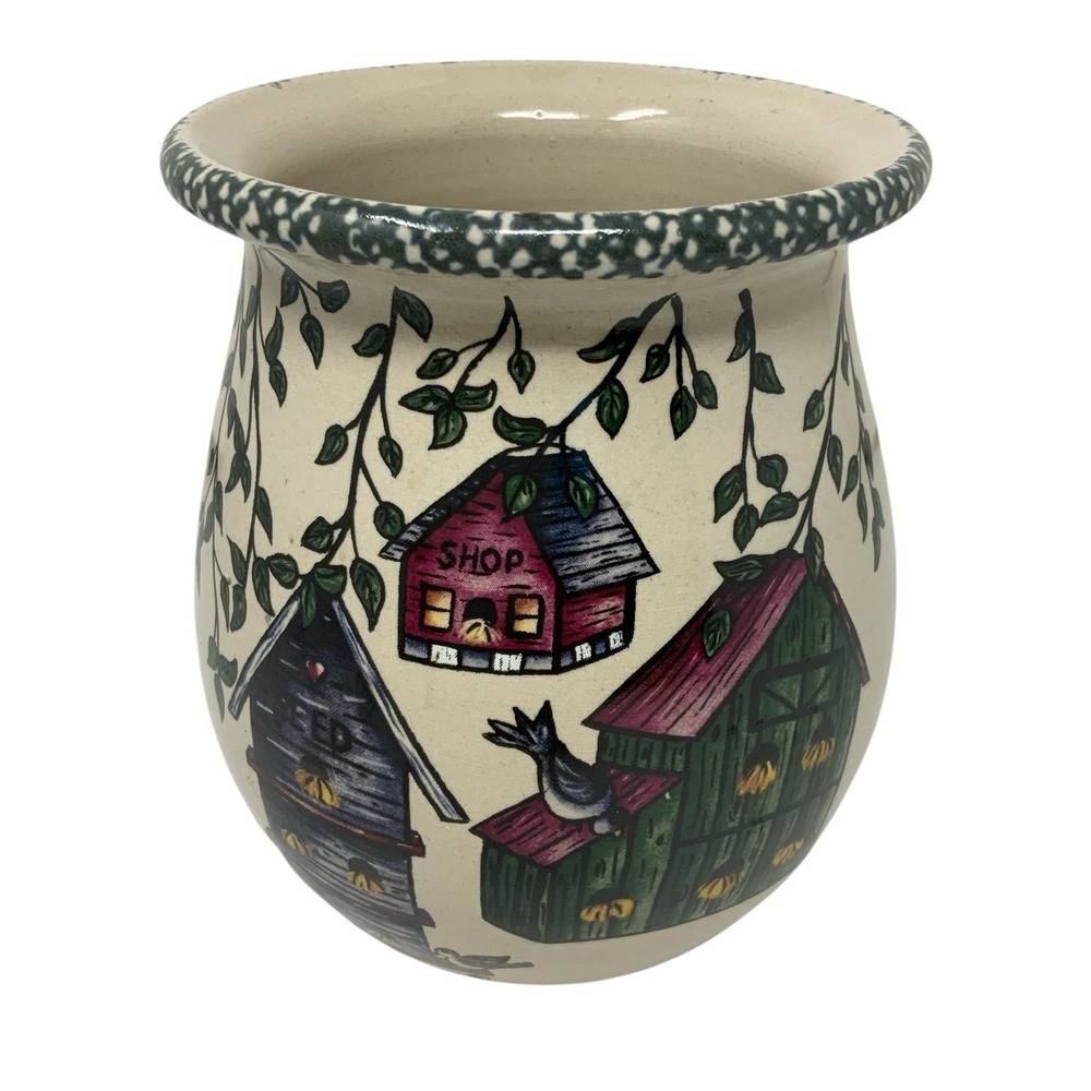 Home & Garden Party Stoneware Birdhouse Utensil Holder Crock 1998 Kitchen Decor